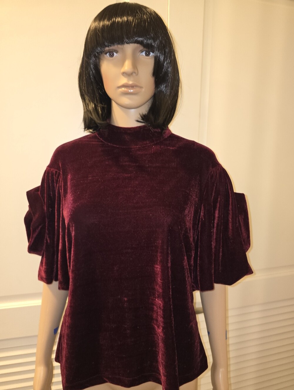 Velvet Mock Neck Ruffle Sleeve Top - Burgundy❤️